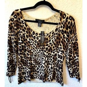 SILX 100% Silk Women's Leopard Print Stretch Top Size Medium 3/4 inch Sleeve NWT